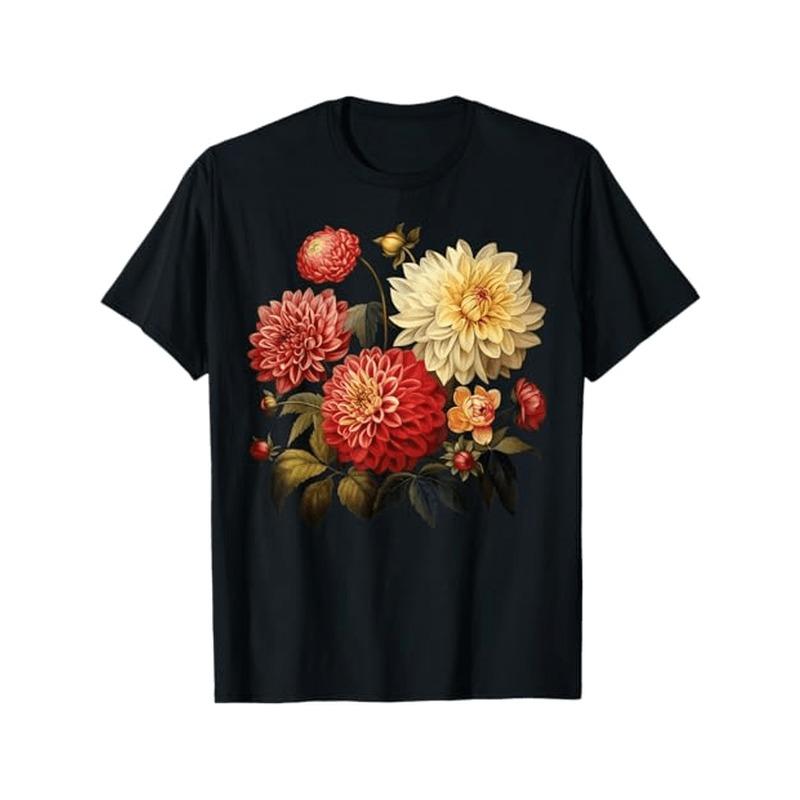 

European Size Floral Wildflower Dahlia T-Shirt - Women s Short Sleeve Crew Neck T-Shirt - Round Neck All Seasons Breathable Ready for woman 4XL чорний