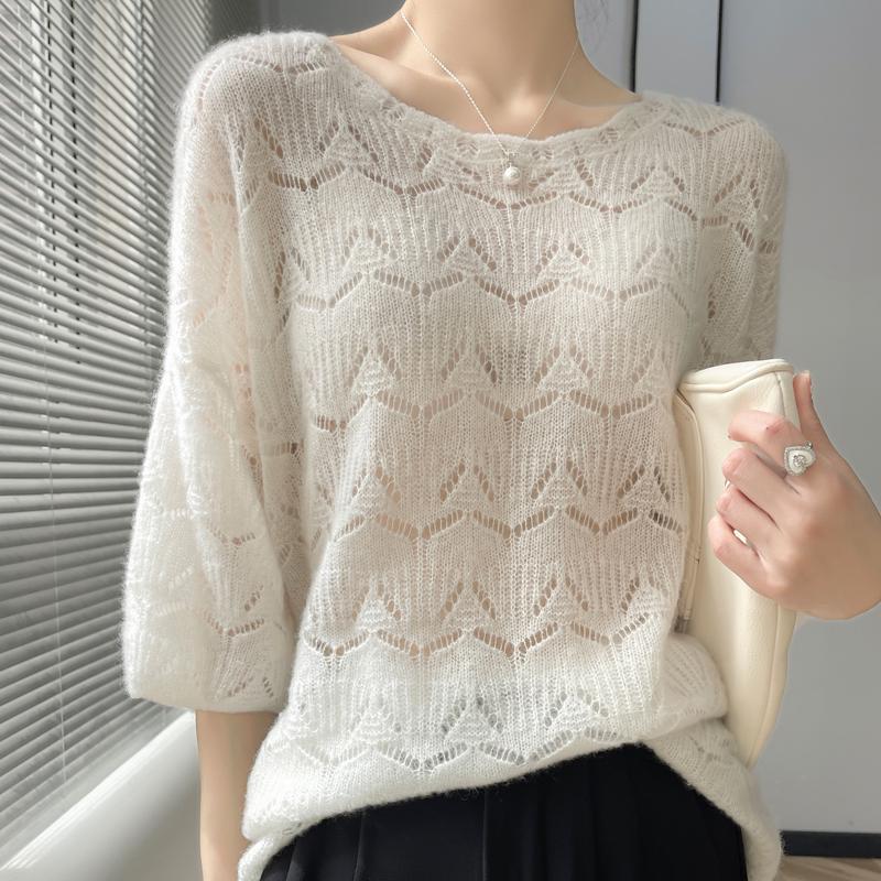 Women's Cashmere Round Neck Crochet Knit Sweater - Loose, Short-Sleeve, Hollow Design.