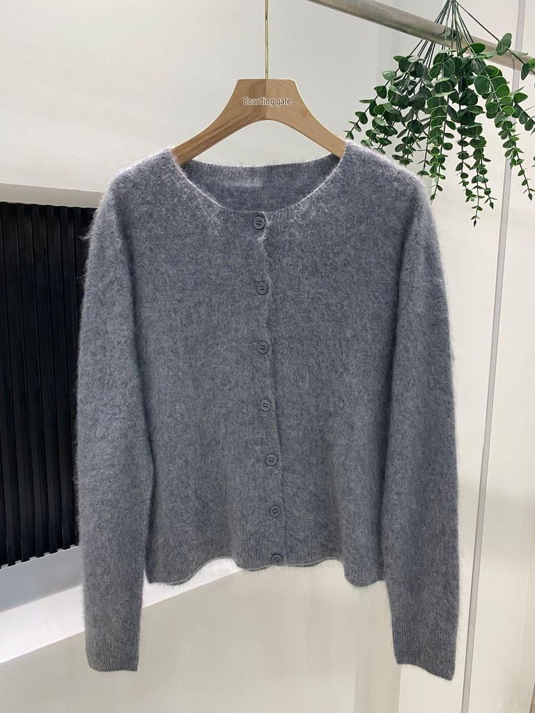 Women's Gray Wool Knit Cardigan - Brushed, Pilled Sweater for Autumn/Winter, High-End Simple Style Coat