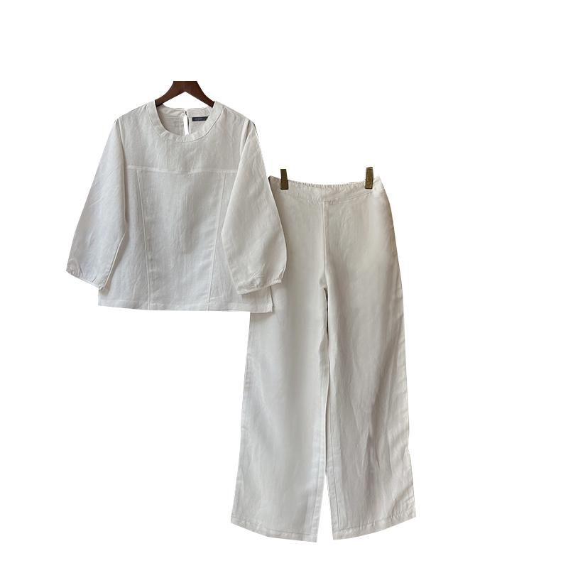 

ZANZEA Women O-neck Lantern Sleeves Pockets Solid Color Straight Tops Trousers Outfits S белый