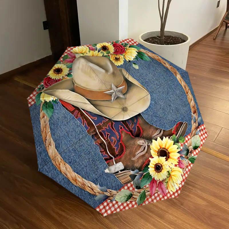 

Western Cowboy Hat & Boots Wreath with Sunflowers - Rustic Farmhouse Umbrella, Auto Open Close Umbrella, Portable Folding Design, 8-Bone Iro