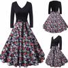 Women's Halloween Digital Printed Waist Long Sleeve Stitching A-line V-neckDress