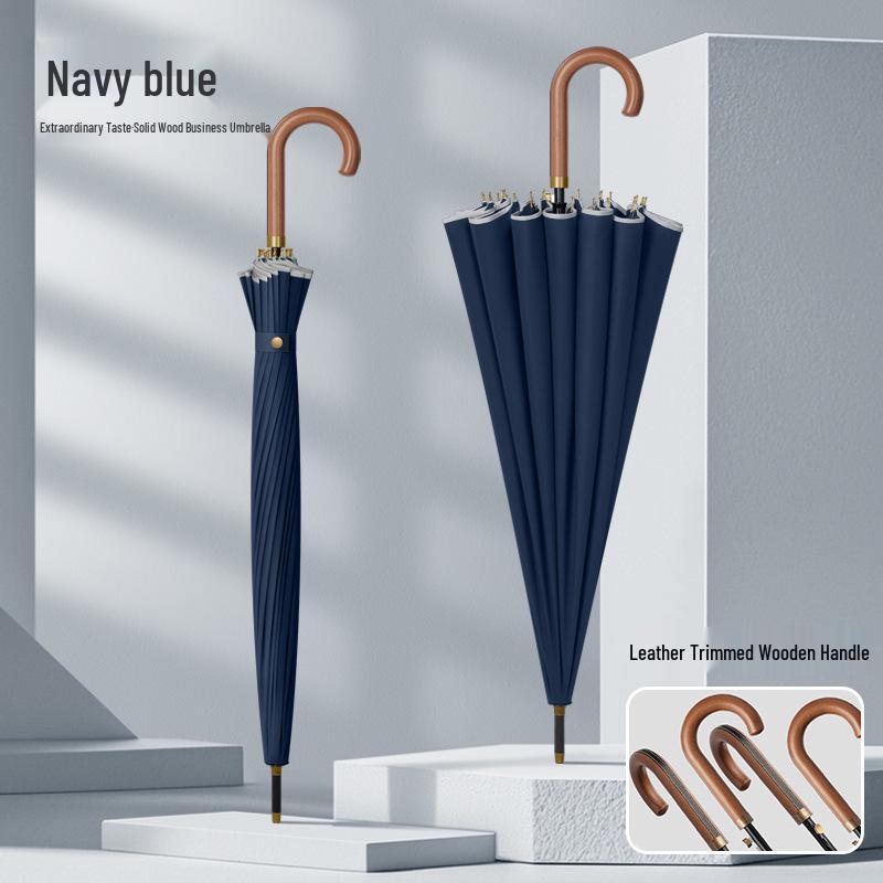 Men's Extra Large 24-Rib Solid Color Business Umbrella with Wooden Handle and Logo Print