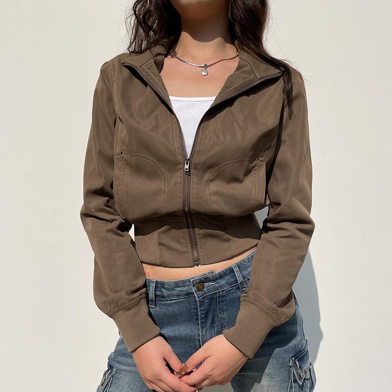VAYLA Vintage Cropped Jackets Women Stand Collar Solid Color Casual Coats Slim Pocket Zip Up Harajuku Safari Style Outwear