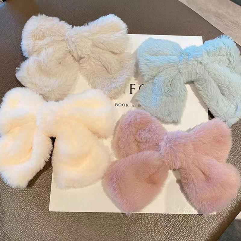 Nuova Pinza per Capelli con Fiocco in Peluche Carino Invernale, Pinzette a Fiocco Semplici Colorate Solide Coreane, Grande Fermaglio per Capelli per Bambine