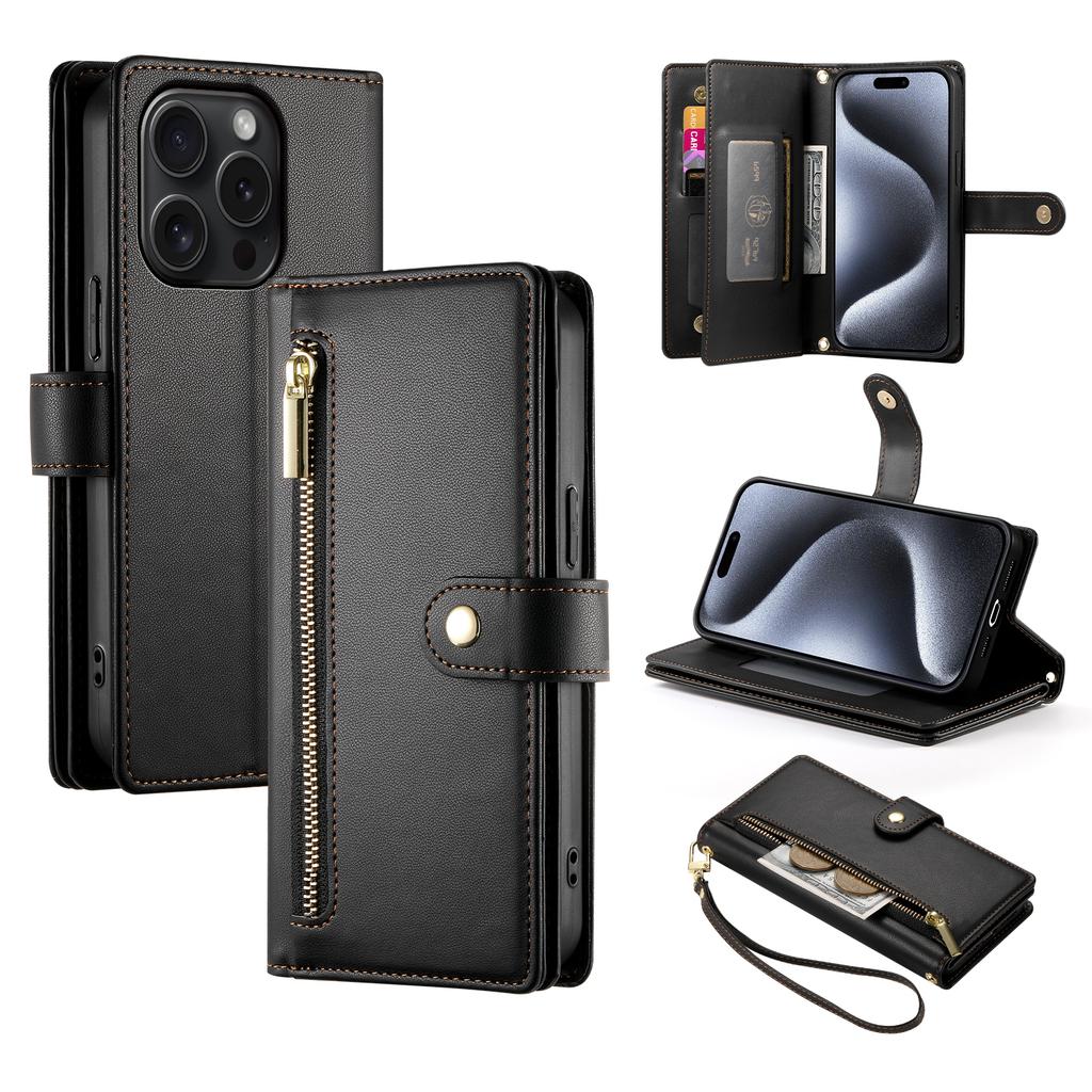 DF-011 For iPhone 15 Pro Case Zipper Leather Phone Cover with Shoulder Strap and Hand Strap