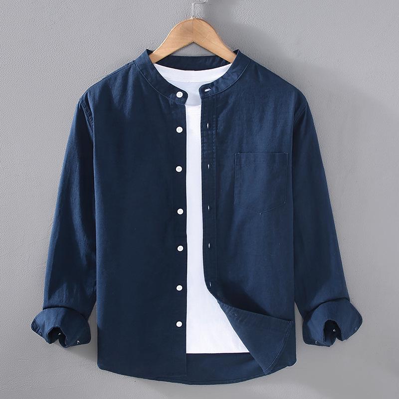 Cămașă bărbați cu mânecă lungă din bumbac-in cu guler chinezesc și buzunar - Jachetă casual simplă, confortabilă