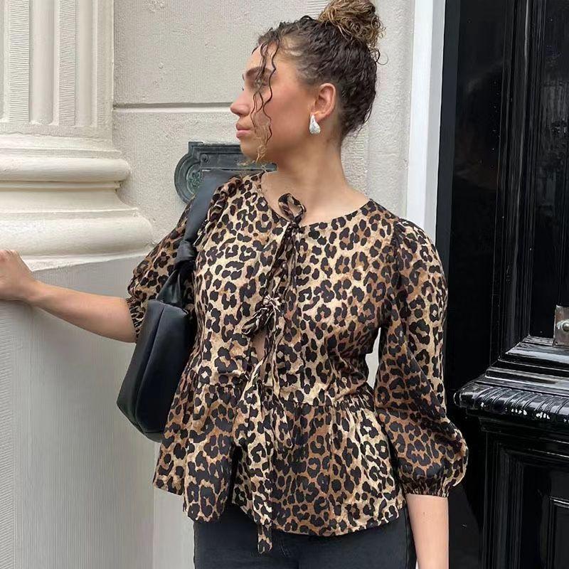 Fashion Wind Summer New Arrival Fashion Wind Lace-up Crew Neck Puff Sleeve Shirt Fashion Sexy Loose Cardigan Top