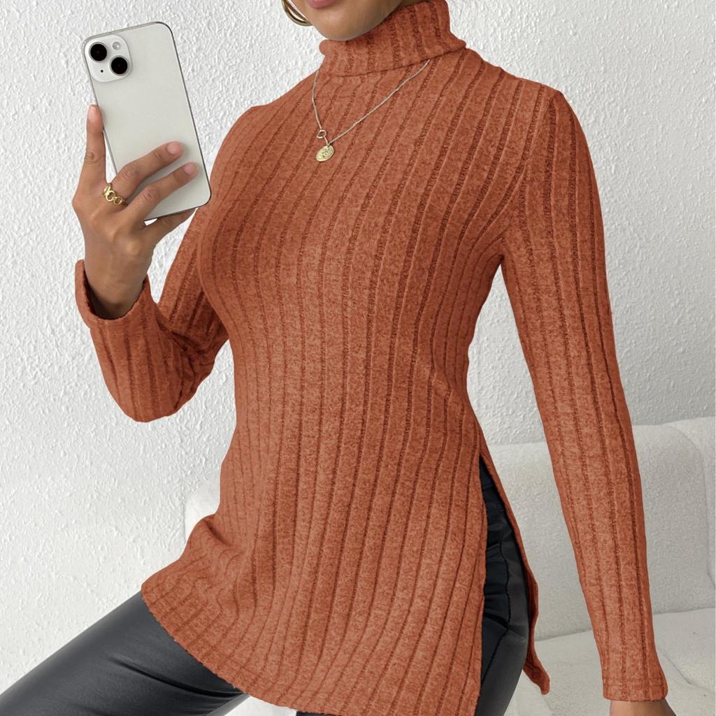 Women's High Neck Pullover Autumn Winter Slit Slim Fit Bottomed Shirt Pit Stripes Medium Length Sweaters