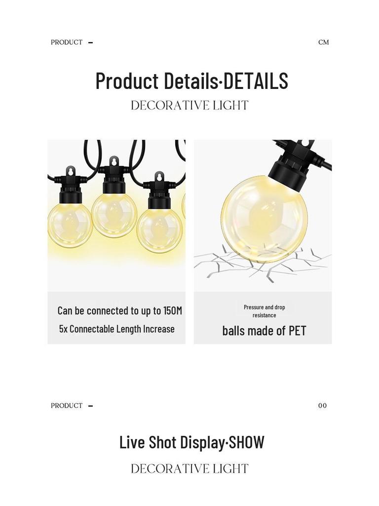 Luzes de Cordão de Lâmpadas G50 à Prova d'Água para Acampamento ao Ar Livre, Tenda, Jardim, Toldo e Decoração de Pátio