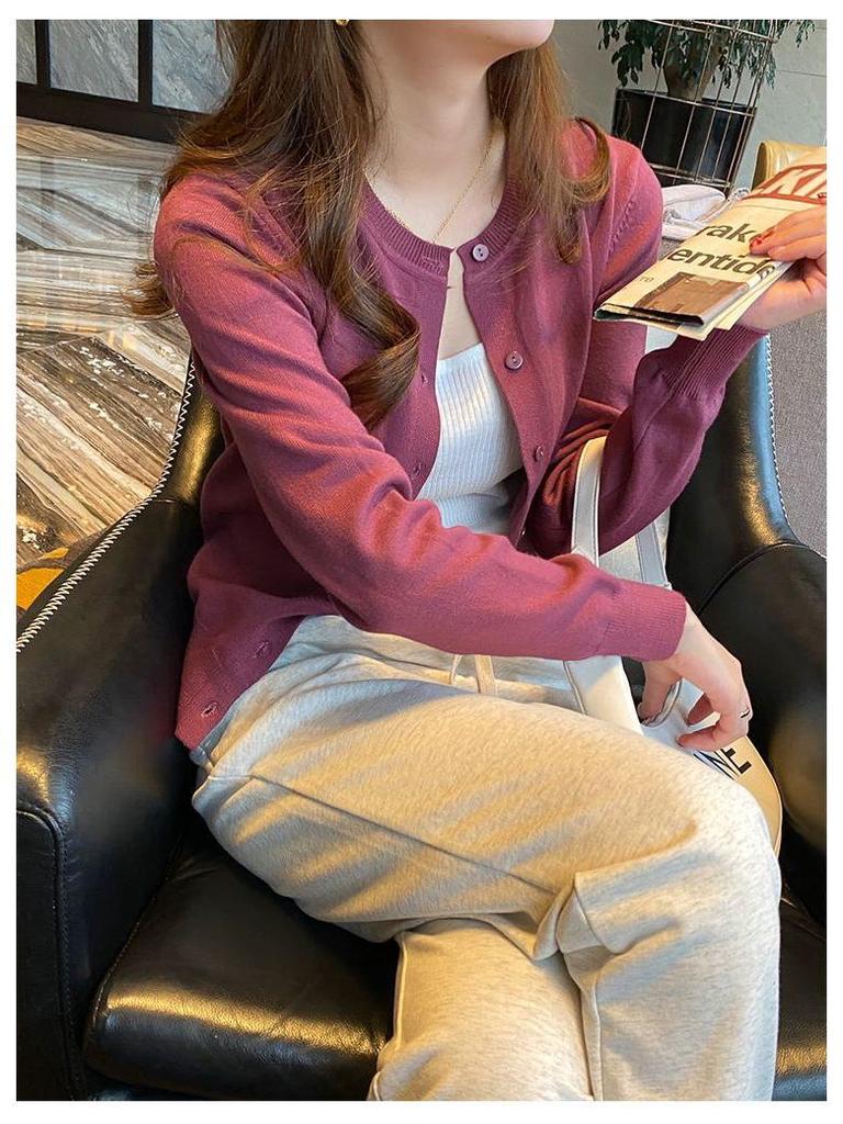 Spring & Autumn 2025 Solid Color Round Neck Slimming Knit Cardigan - Versatile Korean Style Long Sleeve Women's Top