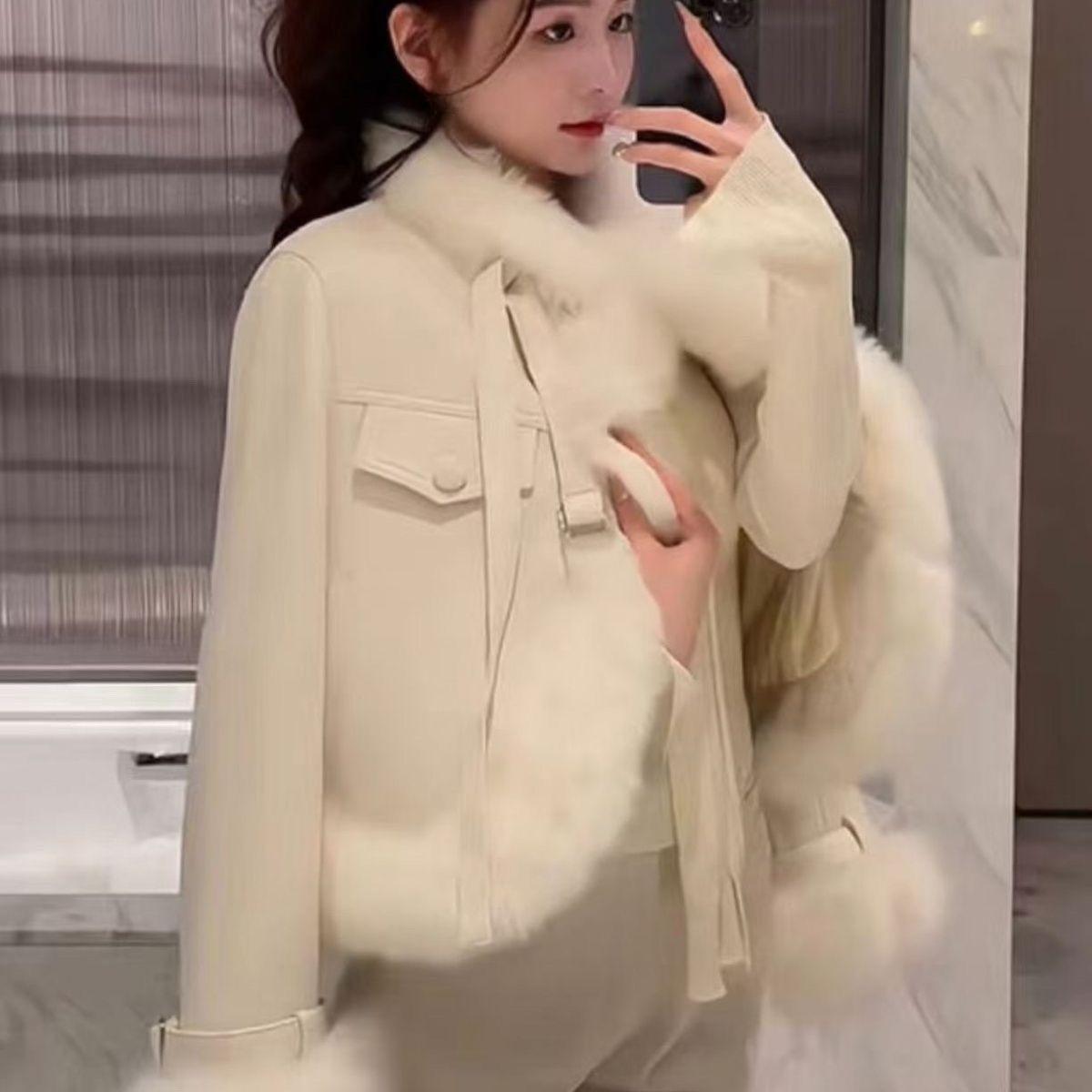 

Vintage Patchwork Faux Fox Fur Coat Short Outerwear Women Retro Style Jacket M бежевий