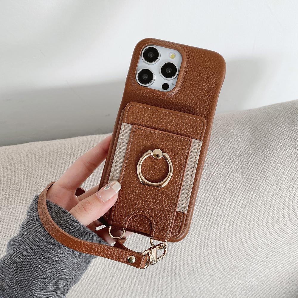 

Чехол для iPhone 16 Pro с отделениями для карт, подставкой, задней крышкой из ПУ кожи с кольцом-держателем, ремешком на запястье Dark Brown