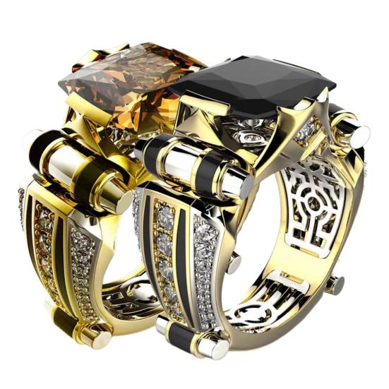 Women Ring Faux Square Crystal Two-tone Vintage Cool Punk Gift Hollow Bling Cubic Zirconia
