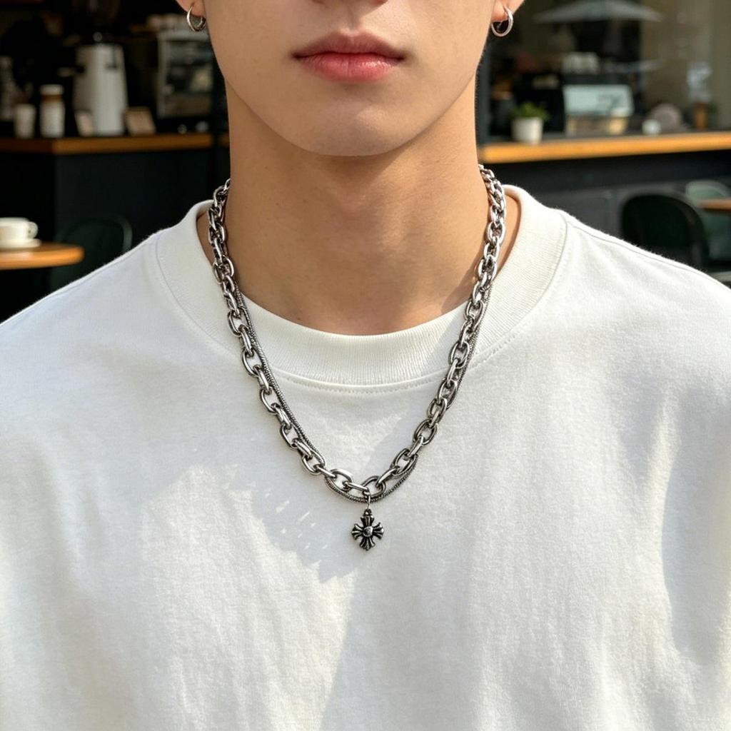 Men's Trendy Cross Pendant Titanium Steel Double-Layer Necklace - Cool Niche Design Clavicle Chain