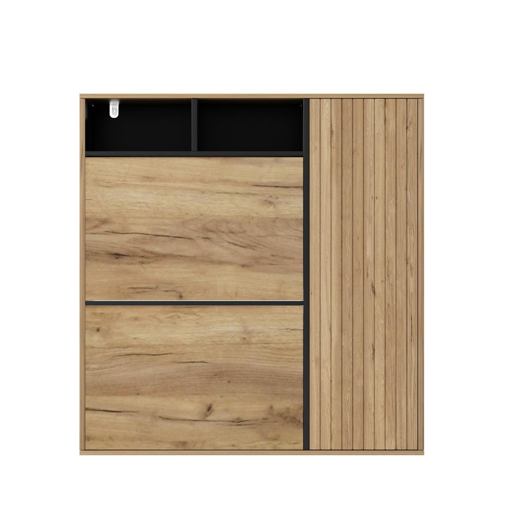Shoe Cabinet with 2 Flaps & 1 Door – Narrow Shoe Tilt Cabinet, Open Compartments & Adjustable Shelves, Space-Saving, Wood Look/Black, 90x24x94 Cm