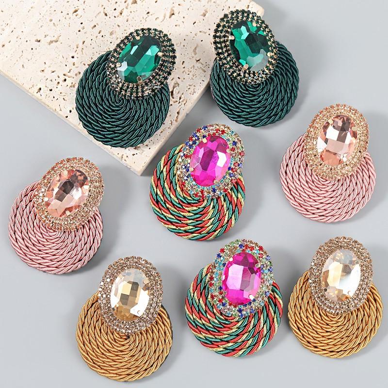 Alloy Rhinestone Oval Glass Stud Earrings Women Stretch Cord Circular Fashion Ear Jewelry In White Green Black Rose Gold