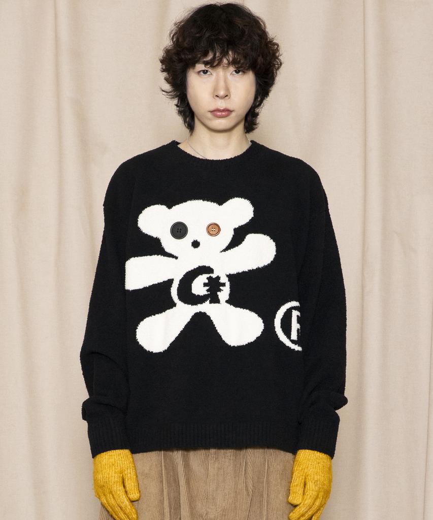 GLACK Gnt073 Button Bear Boucle Pullover Knit (Black)
