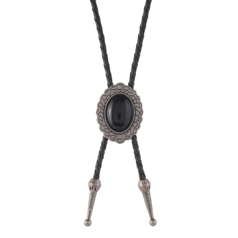 Men's Adjustable Western Bolo Tie Necklace with Antique Black Stone Pendant Charm Leather Cord Necktie Jewelry Accessory