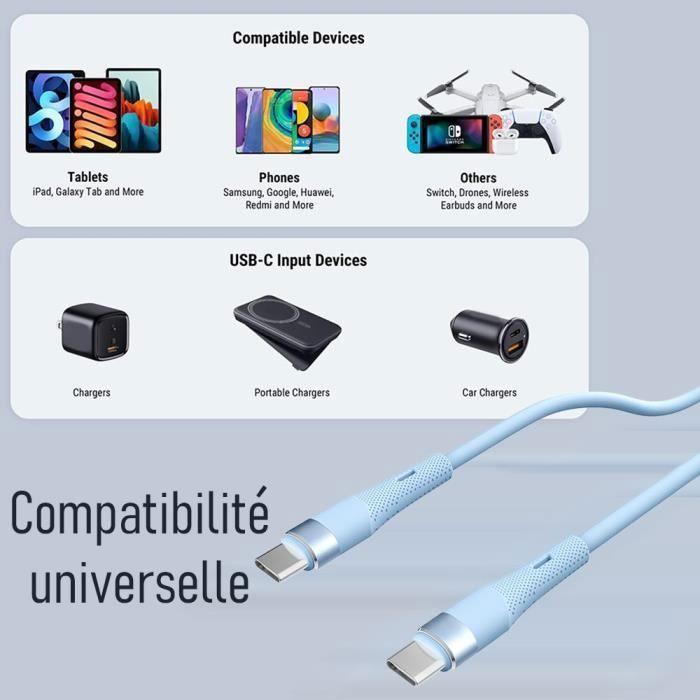 3x Câble USB-C vers USB-C 60W pour Samsung Galaxy A16 A36 A15 A14 A25 A35 A55 A54 A05s - Bleu 1M