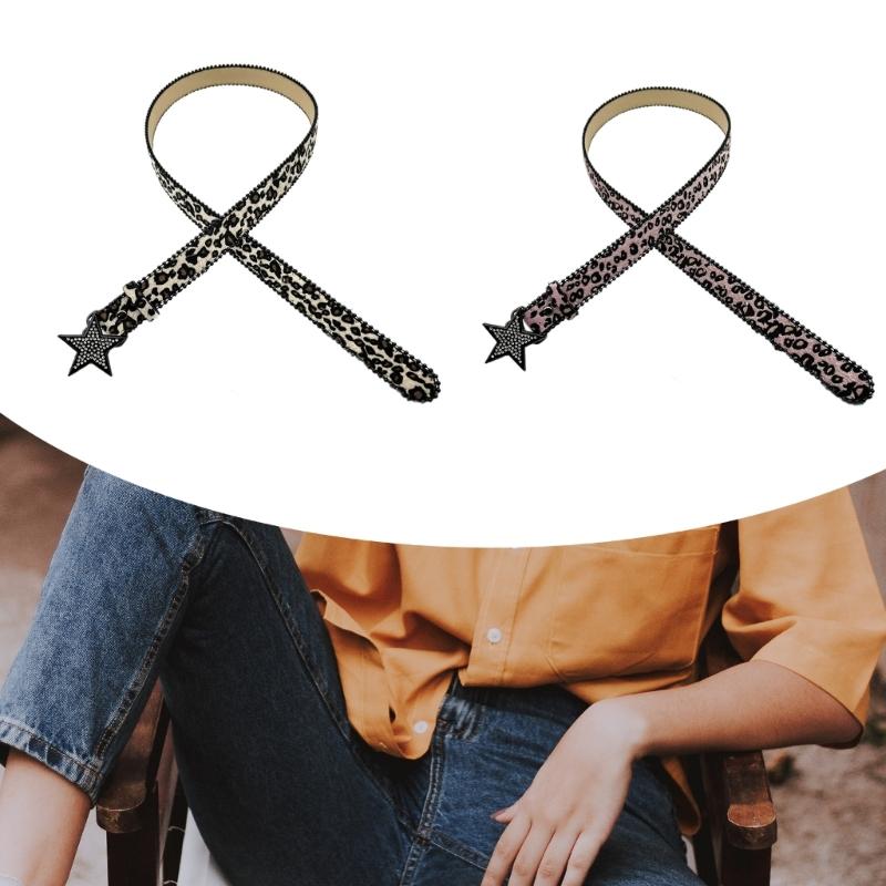 Leopard Print Belt Rhinestones Star Buckles Waistband Fashionable Waist Belt for Trendy Outfits