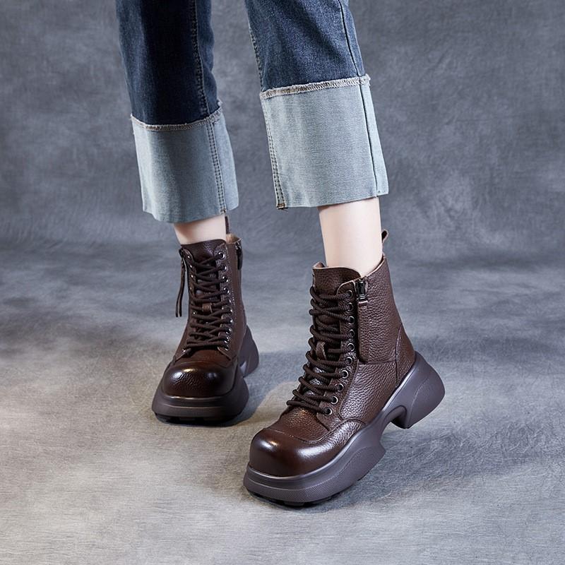 Johnature Vielseitige kurze Stiefel aus echtem Leder mit quadratischem Zehenbereich, lässige Stiefel mit dicken Sohlen, Damenschuhe