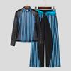 INCERUN Two-piece Men Long Sleeve Striped Mesh Sheer Crop Tops Bow Elastic Waist Pants Sets
