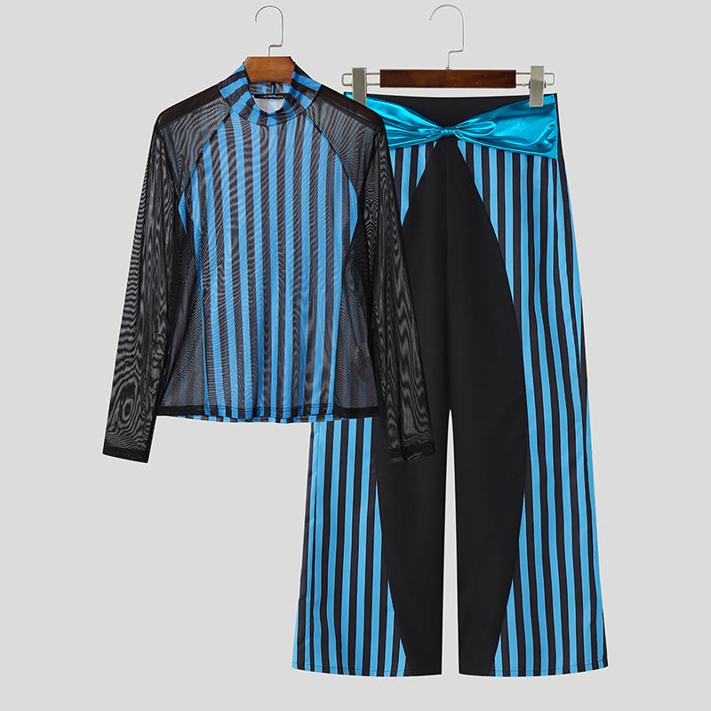 INCERUN Two-piece Men Long Sleeve Striped Mesh Sheer Crop Tops Bow Elastic Waist Pants Sets