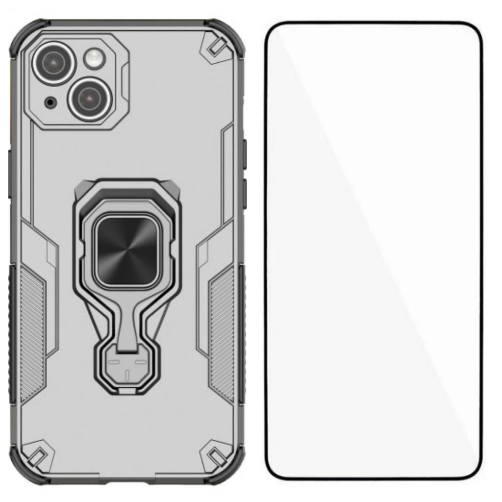 For iPhone 14 Phone Case WANLONFENG PC TPU Back Cover Kickstand with Tempered Glass
