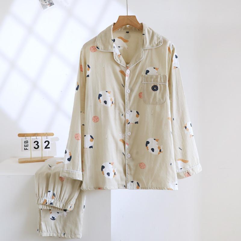 Conjunto de Pijama Nuevo para Pareja Primavera y Otoño 100% Algodón Doble Capa Gasa Manga Larga Pantalones Ropa de Casa para Mujer