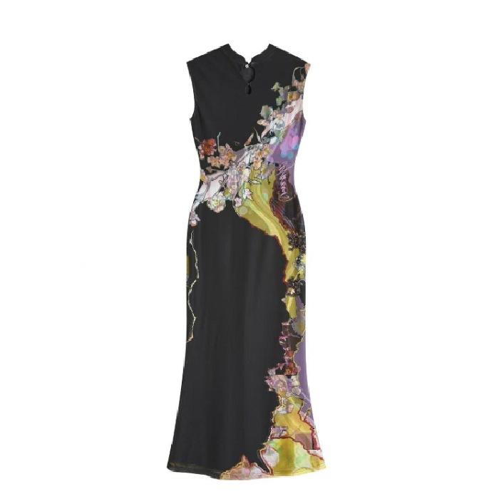 New Chinese style front and rear two wear contrasting color printed cheongsam dress retro style cheongsam women s high-end dress S