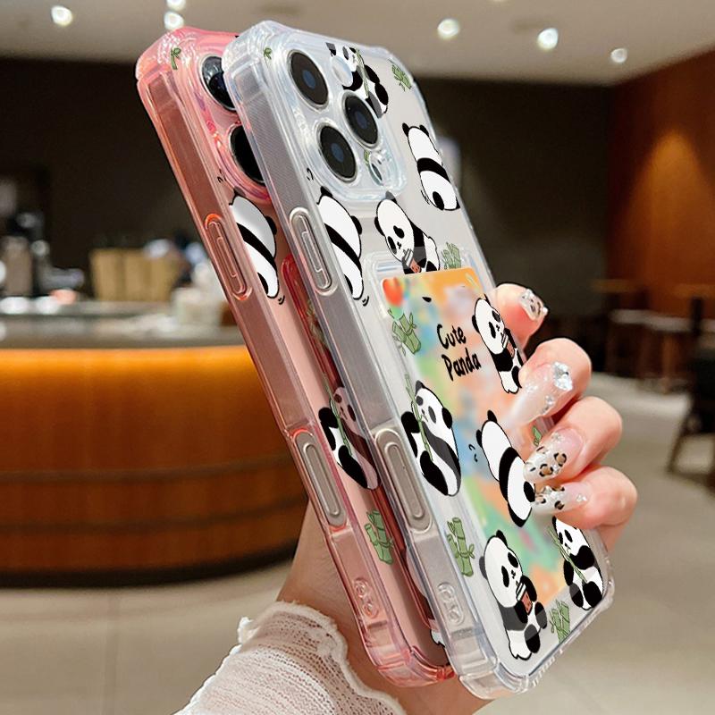 Süßes Pandas-Muster, durchsichtiger Kartenschlitz, weiche Silikonhülle für iPhone 16 Pro Max 15 Pro 14 13 12 11, transparente, stoßfeste, schlanke Telefonabdeckung
