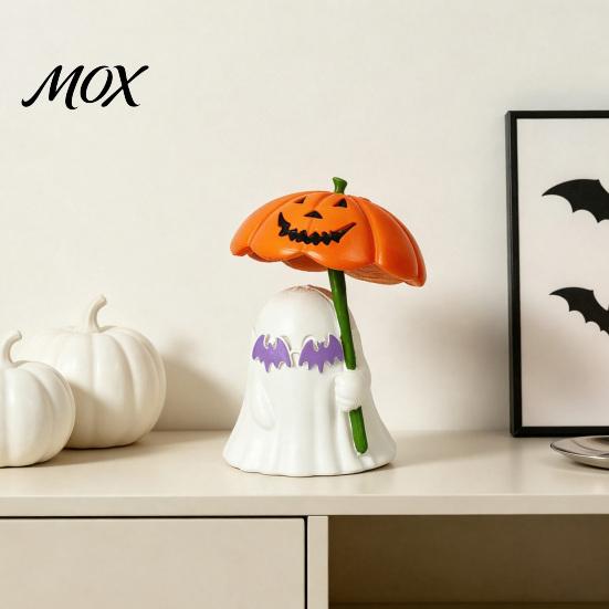 Festive Window Sill Decor Halloween Ghost Figurine with Pumpkin Umbrella And Bat Eyeglasses, Indoor Holiday Display Creative Statue for Party Desktop