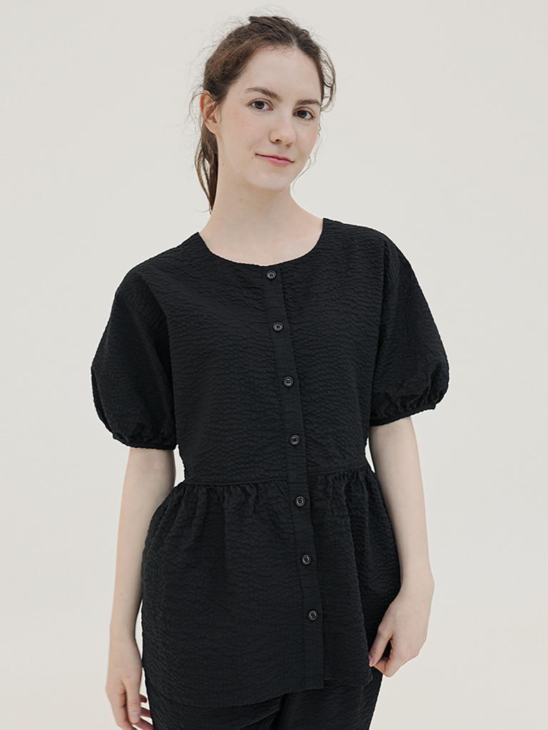 CHIQUITA Cotton Seersucker Blouse + Belt Black 250711Bk
