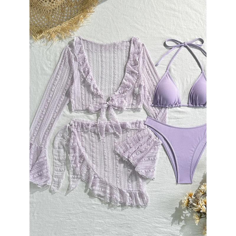 4PCS Halter With Sarong Long Sleeve Bikini Female Swimsuit Women Swimwear Four-pieces Bikini Set Bather Bathing Suit Swim V6338B