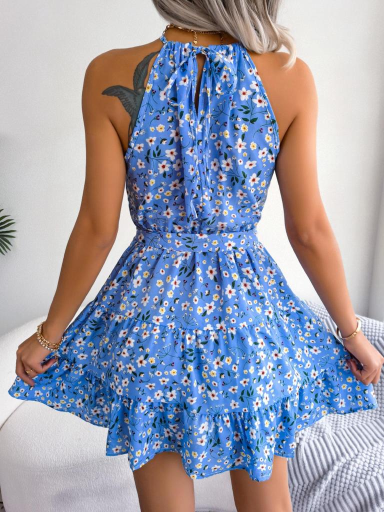 O Neck Printed Dress High Waist Elegant Flounce Dress for Women Sleeveless Loose Dresses Causal Dress