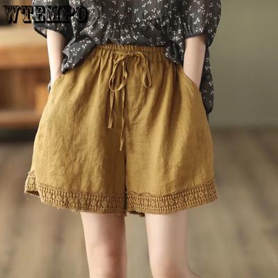 Summer Retro Hollow Hook Flower Cotton and Linen Shorts Pants Women's Lace Shorts Casual Pants Straight Leg Pants