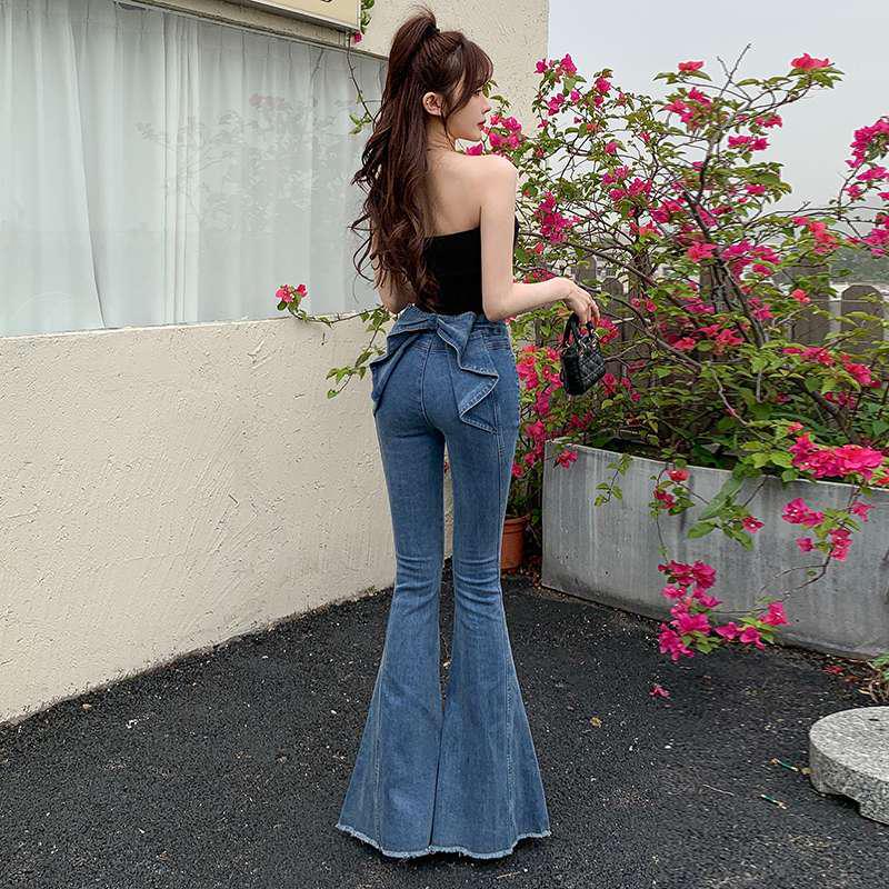 3D Bowknot Denim Pants - Women's High Waist European Style Slim Bell Bottoms for Summer