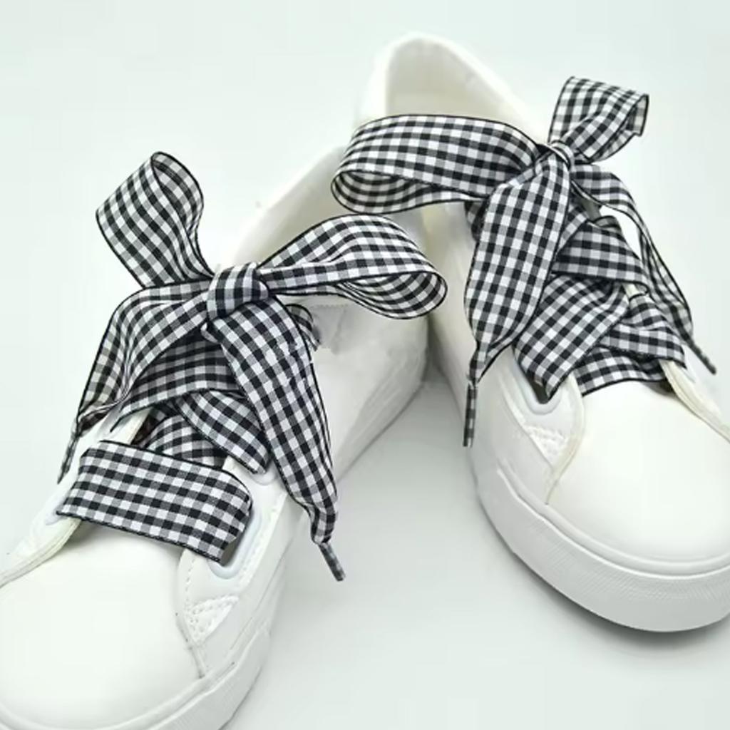 4 Pairs Organza Shoelaces Set - 2.5cm Wide Black & White Plaid Shoelaces, Leopard Print Shoe Laces for White Shoes/Sneakers