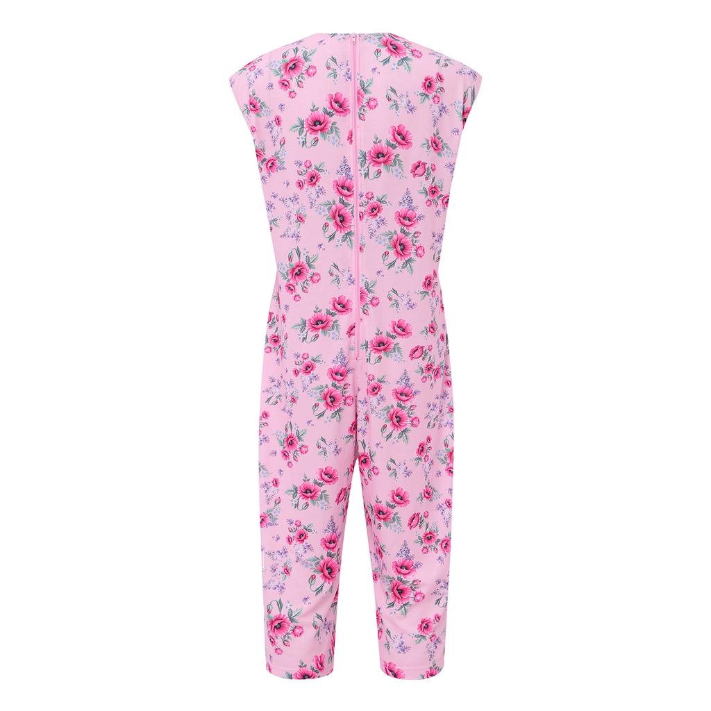 V-Neck Sleeveless Back Zipper Print Bodysuit for Women Special Needs Nursing Hospital Pyjamas Jumpsuit