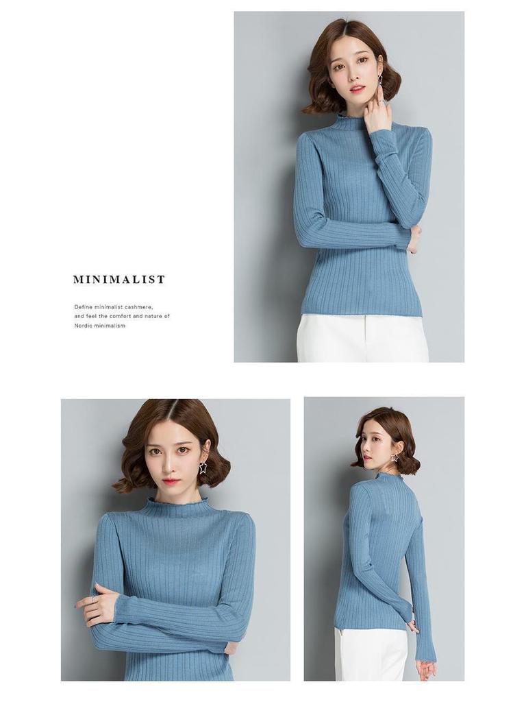 Damski cienki wełniany sweter - Wiosna/Jesień 2022, dzianinowy top z długim rękawem i półwysokim kołnierzem
