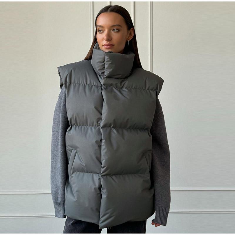 

Осенне-зимняя куртка без рукавов, женская модная свободная толстая жилетка, однотонная повседневная спортивная хлопковая куртка с воротником-стойкой, теплая женская жилетка M темно-серого
