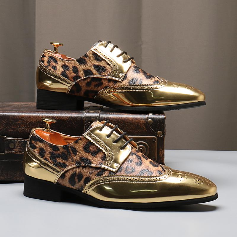 Luxury Shoes for Men Wedding Party Nightclub Leopard Patent Leather Patchwork Fashion Mens Brogue Derby Shoe Men Lace-up Flats