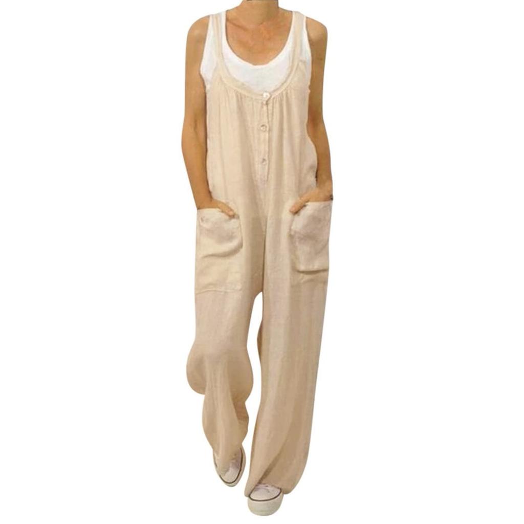Fashion Womens Loose Summer Back Button Pocket Casual Jumpsuit