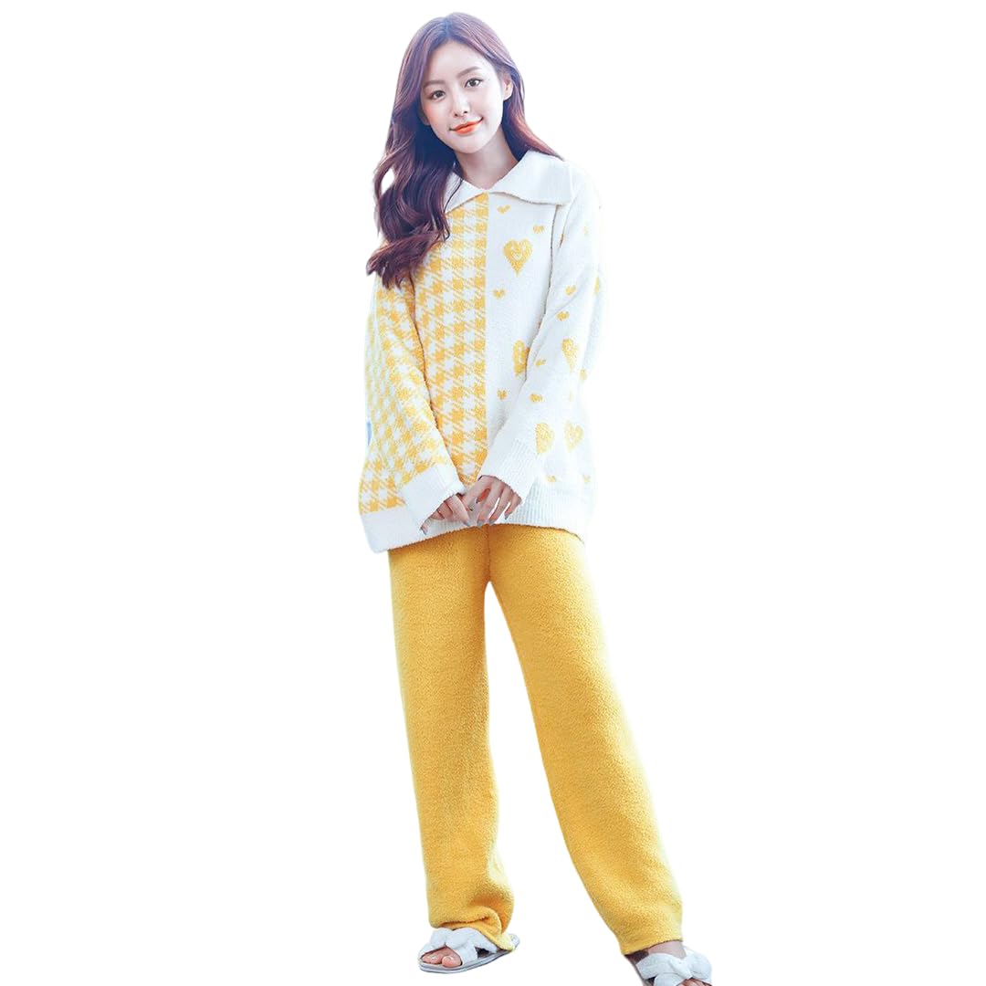 

Houndstooth Heart Free Size [RAVIR] Roomwear, Women s Pajamas, Loungewear, Pattern, Loose, Collared, Women s, Yellow,