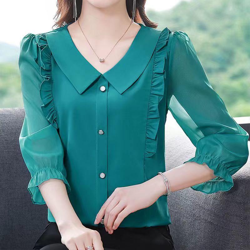 Women's Clothing Elegant Blouses Korean Fashion Solid Long Sleeve Casual Shirts Chic Loose All Match Chiffon Tops