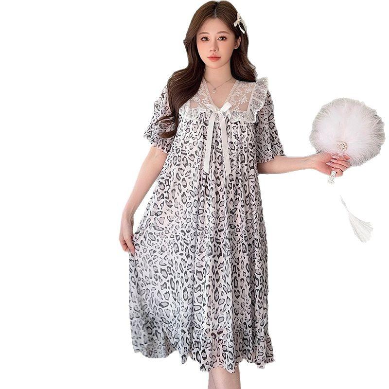 Linglei Summer Printing Color Lace Bow Mesh Court Princess Style Long Nightdress Pajamas Loungewear Women