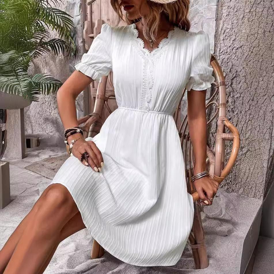 Spot 2026 new European and American jacquard v-neck lace splicing women s dress S