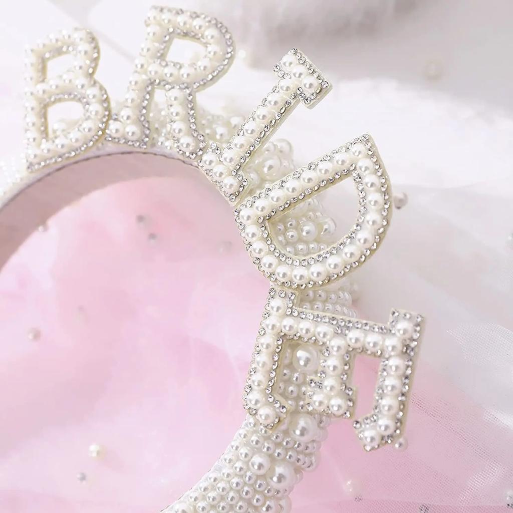 Bride To Be Pearl Crown Headband Bach Bachelorette Hen Party Bridal Shower Wedding Engagement Rehearsal Dinner Decoration Gift