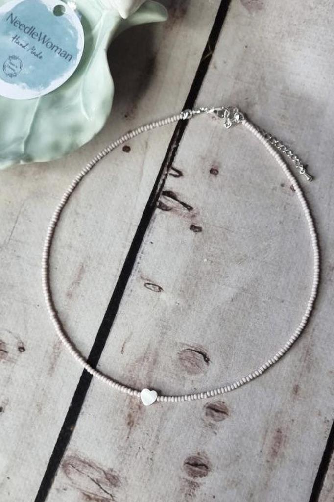 Handmade Choker with Light Pink Seed Beads and Natural Heart Shell Pendant